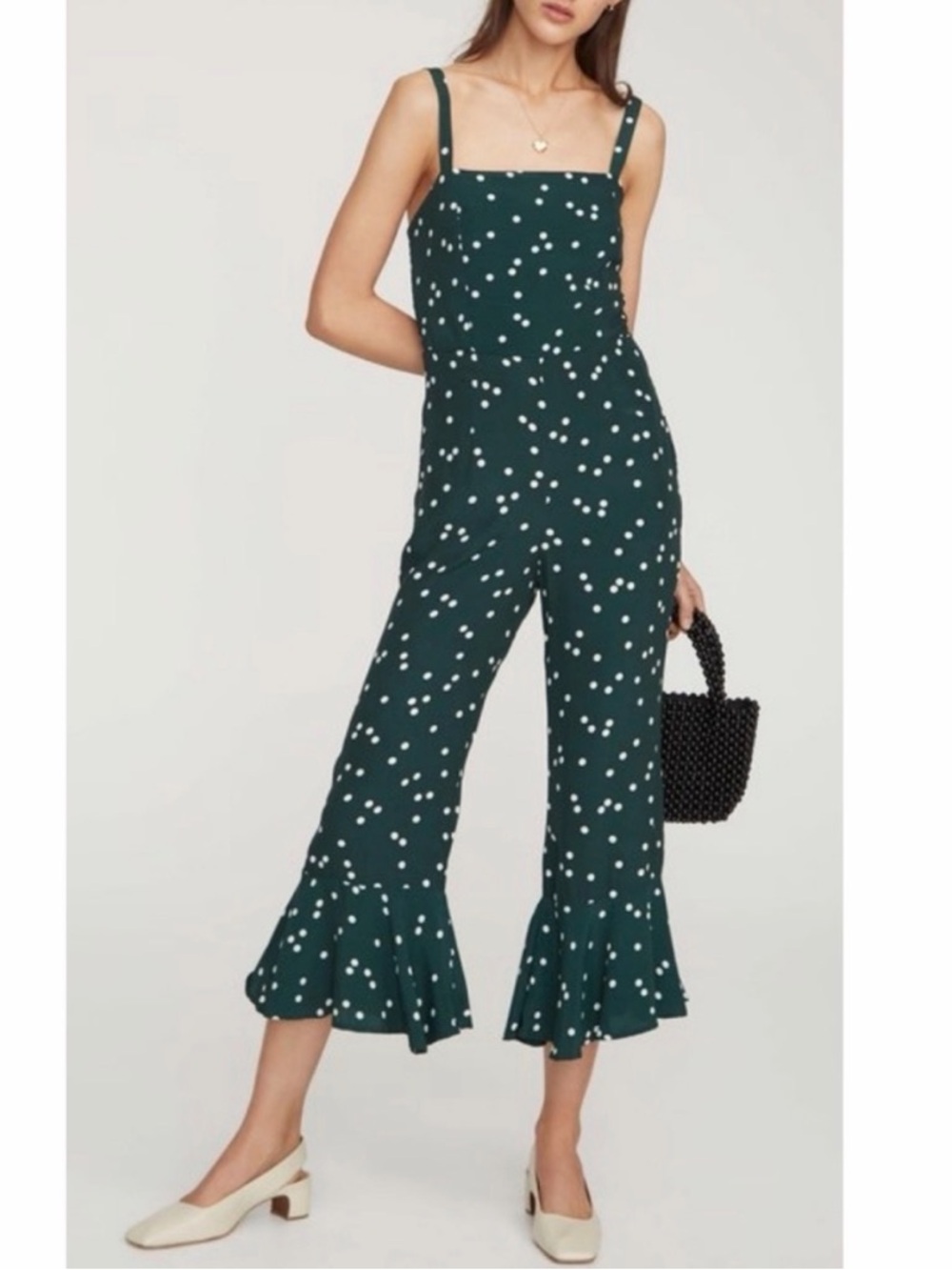 Faithfull The Brand Lea Jumpsuit Linnea Dot Green Polka Wide Leg XS